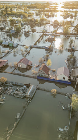 Global warming, floods on the planet.The apocalypse, catastrophes.Storms and destruction.Natural disasters,climate change,the riot of nature.The remnants of human life are floating in dirty water.Endの写真素材