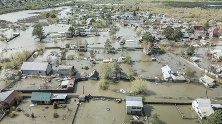 Spring large-scale flood disaster with fully submerged houses, flooded roads and overflowing...