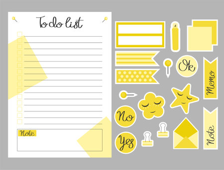To-do list template. Set of to do list and stickers. Template for agenda, planners, checklists, notebooks, cards and other stationery. event planner template. Layout in A6.のイラスト素材