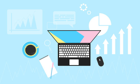 Concept of financial investment. Table with laptop and financial diagrams. business finance vector...