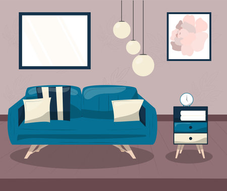 Living room with sofa. Modern interior design with a blue sofa and pillows. cartoon vector illustration.のイラスト素材