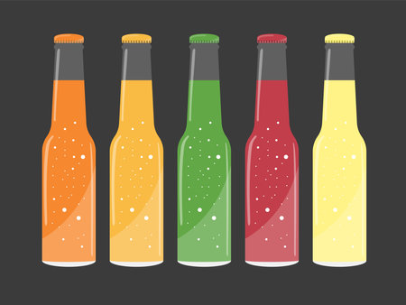 Glass soda bottles isolated on gray background. bottle of lemonade. Glass bottles with fruit juice. Set of carbonated drinks.のイラスト素材