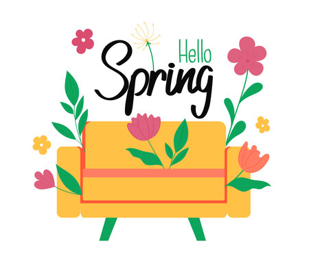 spring came. flowers and chair. spring lettering. Flowers grow from a chair. Postcard with flowers.のイラスト素材