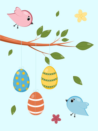 Easter card with birds and tree. Happy Easter greeting card.のイラスト素材