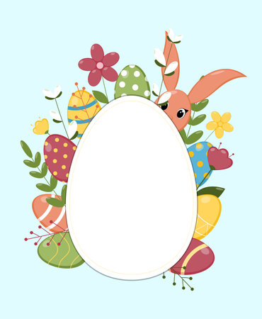 easter greeting card. Cute Postcard with easter eggs, rabbit and flowers.のイラスト素材