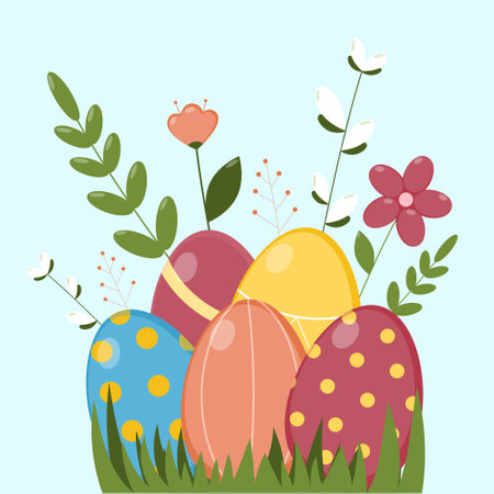 Easter background with eggs and flowers. easter greeting card.のイラスト素材