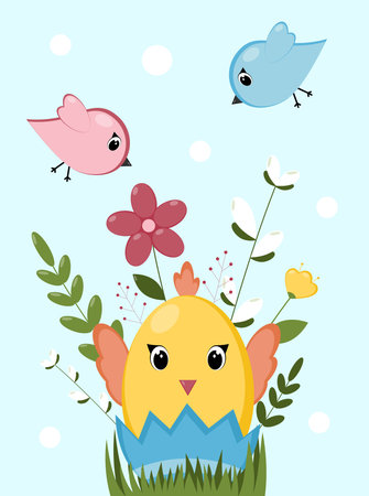 Easter chicken with eggs and flowers. Happy Easter greeting card.のイラスト素材
