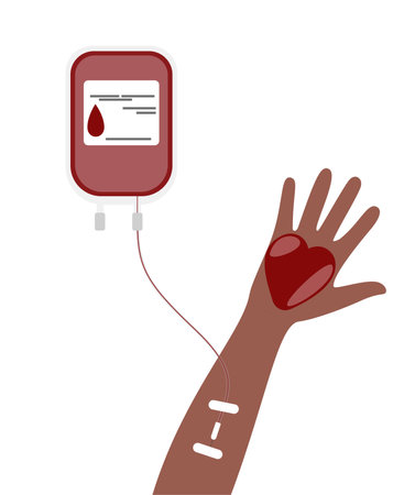 Blood donation concept. World blood donation day. Bag blood with hand. Man donates blood.のイラスト素材