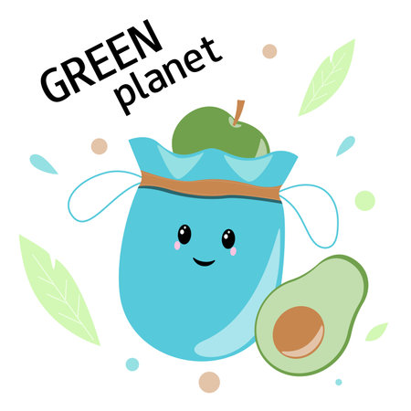 Cute eco bag character. Green planet concept. Educational material for kids. Vector cartoon illustration.のイラスト素材