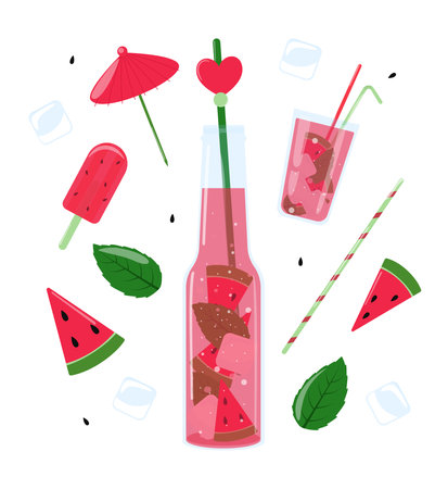 Glass bottle with watermelon juice, ice cream, cocktail, mint, ice, straws. Summer lemonade with ice. soft drinks. Set of cute vector stickers for menu, diary, scrapbooking, notesのイラスト素材