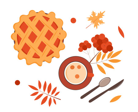 Autumn set of tea, pie, berries, leaves. Thanksgiving Day. vector illustration.のイラスト素材