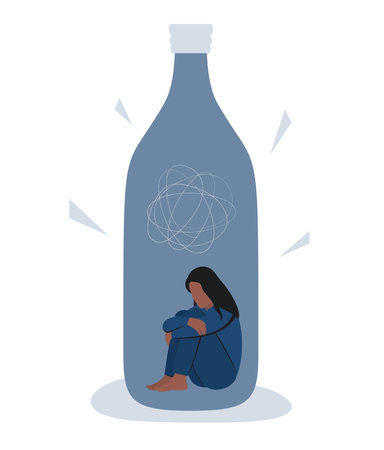 Female alcoholism. Concept with black woman character sitting in a bottle. Social issue, addiction. mental health. Flat vector illustration.のイラスト素材