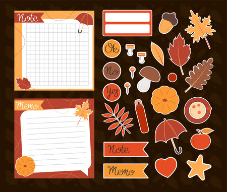 Autumn notes and stickers. Set of autumnal template notes. Cute paper note template. Notes, memo and to do lists used in a diary, home or office.のイラスト素材