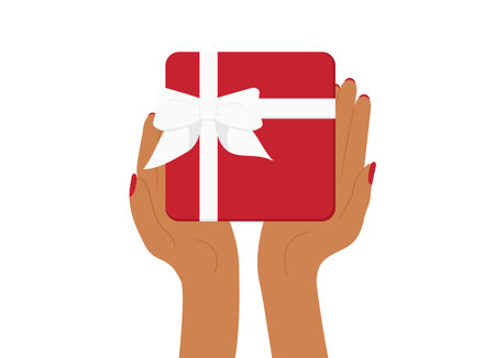 Person holding a gift. Romantic surprise. Birthday presents. Vector illustration.のイラスト素材