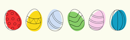 Set of easter eggs isolated on yellow background. Easter colorful design. Flat minimalistic vector illustration. Lineart, boho style.のイラスト素材