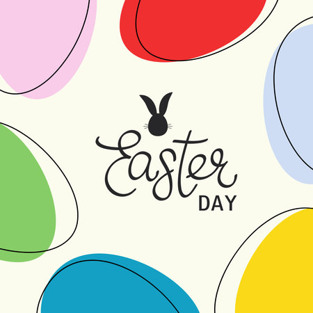 Easter hand drawn lettering. Colorful Easter eggs. Flat minimalistic vector illustration. Lineart modern style. Greeting card, sale, post, invitation.のイラスト素材