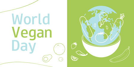 World Vegan Day. November 1. Horizontal banner. Go vegan. Organic foods. Vector template for concept design.のイラスト素材
