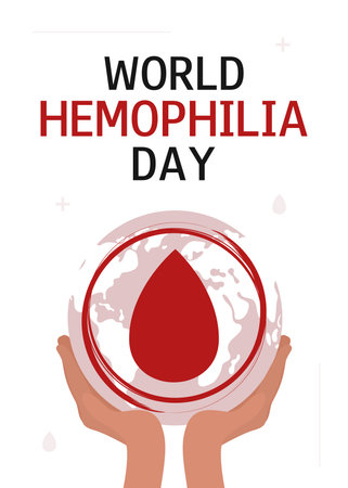 World Hemophilia Day vertical background. April 17. Illustration of hands holding a silhouette of the Earth with a drop of blood. Vector illustration.のイラスト素材
