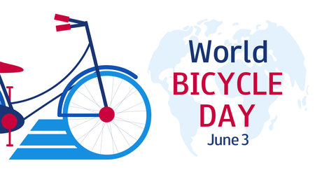 Cycle and world map. World Bicycle Day illustration. June 3. Car free day. Horizontal banner in flat design.のイラスト素材