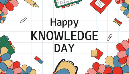 Back to school background in doodle style. Happy knowledge day checkered sheet with school supplies. Template for banner, flyer, presentation, card, poster.のイラスト素材