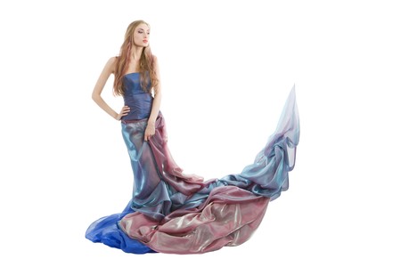 Elegant woman wearing colorful dress isolated on whiteの写真素材