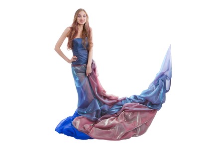 Elegant woman wearing colorful dress isolated on whiteの写真素材