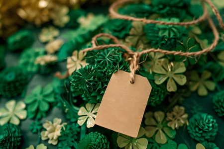 Blank tag amidst an assortment of green paper shamrocks and clovers for St. Patricks Day. Depth of field in the frame. Close-up shotの素材