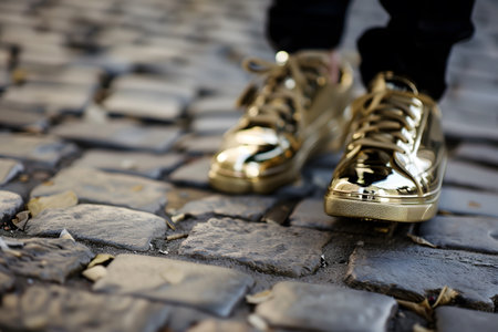 A person wearing gold sneakers, focus sharply on the shoes against a backdrop of paving stones, background softly out of focusの素材
