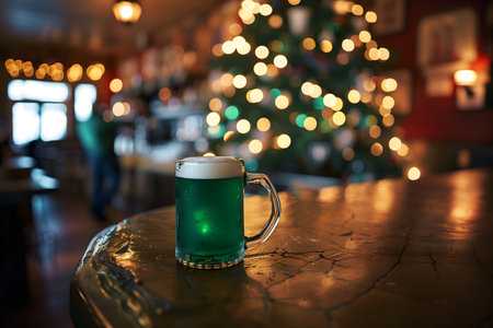 One mug of green beer on a wooden barque rack. Celebrating St. Patricks Day in Irish traditions. A festive mood. The background has a nice bokeh illuminationの素材