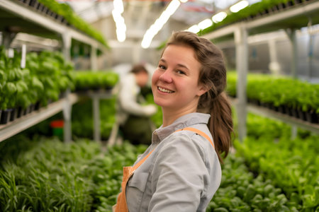 Smiling female agronomist in a modern greenhouse, representing sustainable agriculture practices. An organic farming concept.の素材