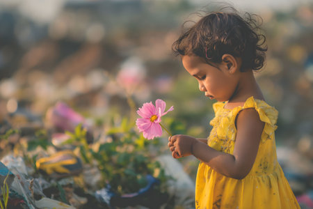 Little girl in yellow dress observing a pink flower amidst a landscape of garbage dump. Environmental pollution. Ecology problemsの素材
