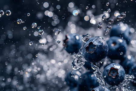 Fresh blueberries a handful thrown into the air in a water splash. Fruity freshness. Healthy vegetarian food.の素材