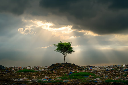 Single tree on a garbage heap under dramatic sunbeams piercing through stormy clouds. Highlighting of environmental issues and land pollution. Ecology problemsの素材