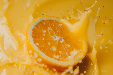 Vibrant orange slice splashing into fresh juice, vivid liquid motion and droplets captured in high detail. Fruit freshness. Stop motion. Organic vegan food conceptの素材