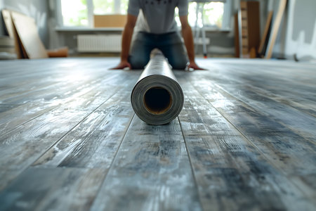 Unidentified man sitting on floor in front of roll of gray linoleum. Home renovation and decorating. DIY concept.の素材