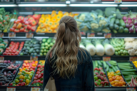 Blonde woman stays near shelves of fresh fruits and vegetables in grocery store. Back view. The concept of vegetarianism, healthy eating and lifestyle.の素材