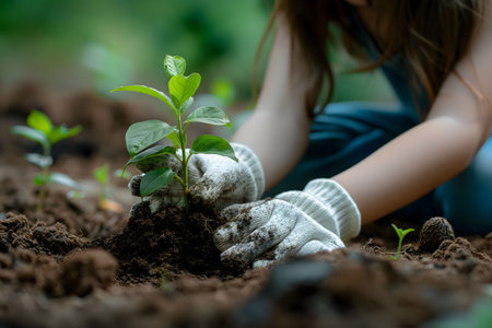 Close-up of hands in gardening gloves nurturing a young plant in fertile soil, symbolizing growth and care. Care for the environment. Ecological problems.の素材