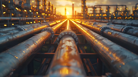 Sunset view of industrial pipelines at an oil refinery with intricate metalwork and a glowing sky. Ecological problems. Pollution of the environmentの素材