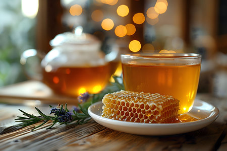Cozy scene with a cup of warm tea, honeycomb on a plate, and a pot of honey, with soft bokeh lights. Healthy nutrition. The concept of veganismの素材