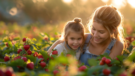 Mom and daughter in the middle of a field of strawberries. Soft sunlight. Green organic farming. Healthy nutrition. The concept of veganismの素材