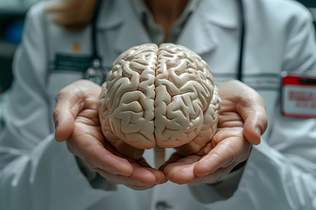 A doctor is demonstrating the human anatomy by holding a model of the brain in her hands, showcasing the complexity of the nervous system. Medical topic. Healthcare conceptの素材