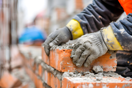 Detailed capture of a mason laying bricks with precision, his hands covered in mortar, against a blurred construction site background. Construction in progress. red brick wallの素材