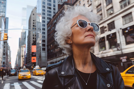 Confident senior woman in stylish sunglasses and a black leather jacket looks up against the backdrop of a cityscape with high-rise buildingsの素材