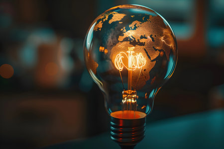 Earth Hour. A light bulb casting a luminous glow projects a map of the Earth. Energy efficiency and energy saving. Environmental protection concept. Ecological problems.の素材