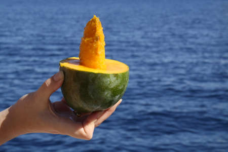 female hand holding a mango fruit on a background of blue sea surface