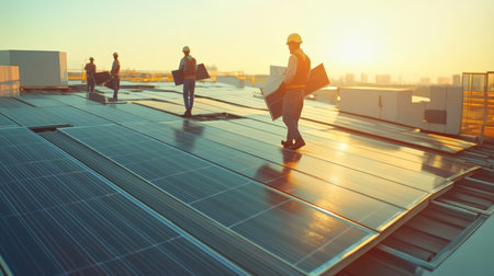 Low angle view of business people walking on solar power plant roof.の素材