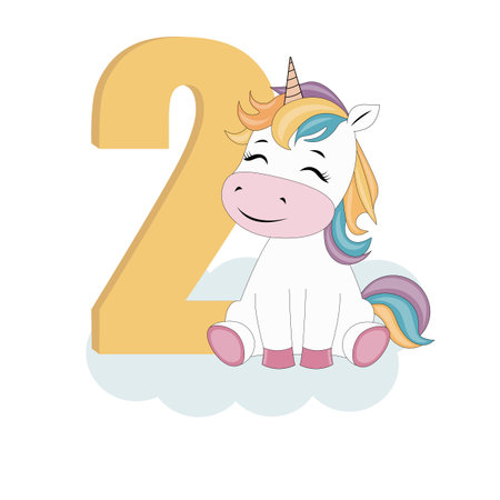 2 year birthday with cute cartoon unicornのイラスト素材