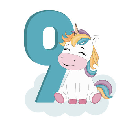 9 year birthday with cute cartoon unicornのイラスト素材