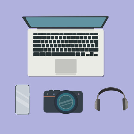 Laptop, phone, headphones and camera icons. Flat style vector illustration.のイラスト素材