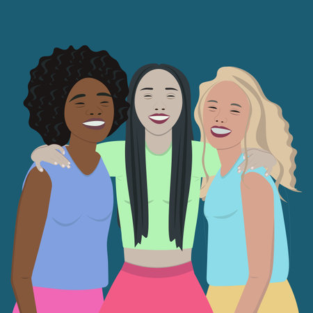 Group of happy young women. Vector illustration in a flat style.のイラスト素材